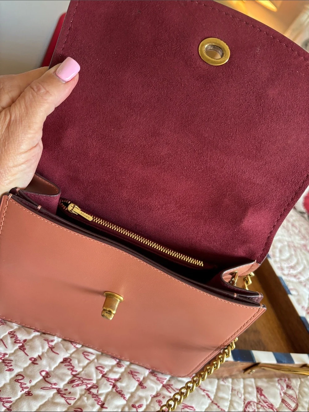 Coach Leather Top-Handle Satchel with Butterfly- Dusty Rose/Burgundy Accents - Picture 8 of 16